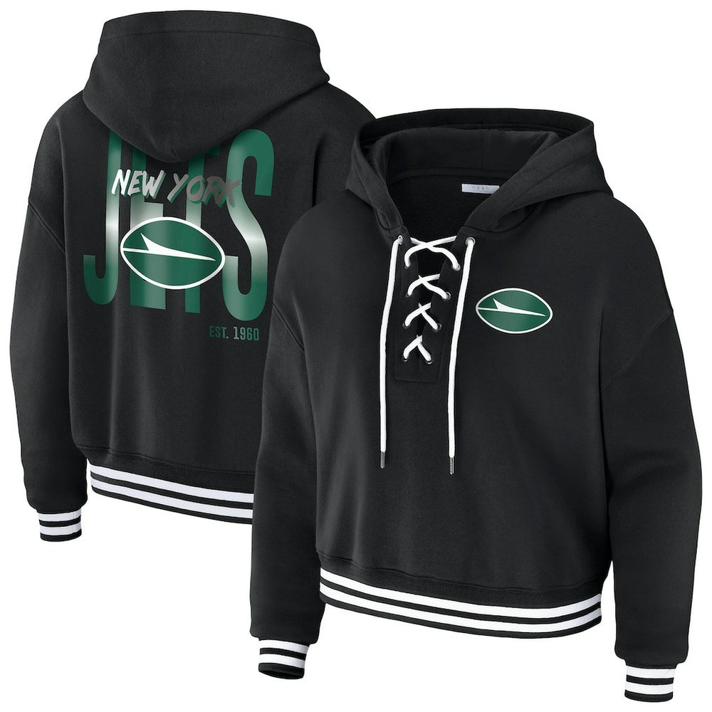 New York Jets WEAR by Erin Andrews Women's Lace-Up Fleece Hoodie - Black - NFL