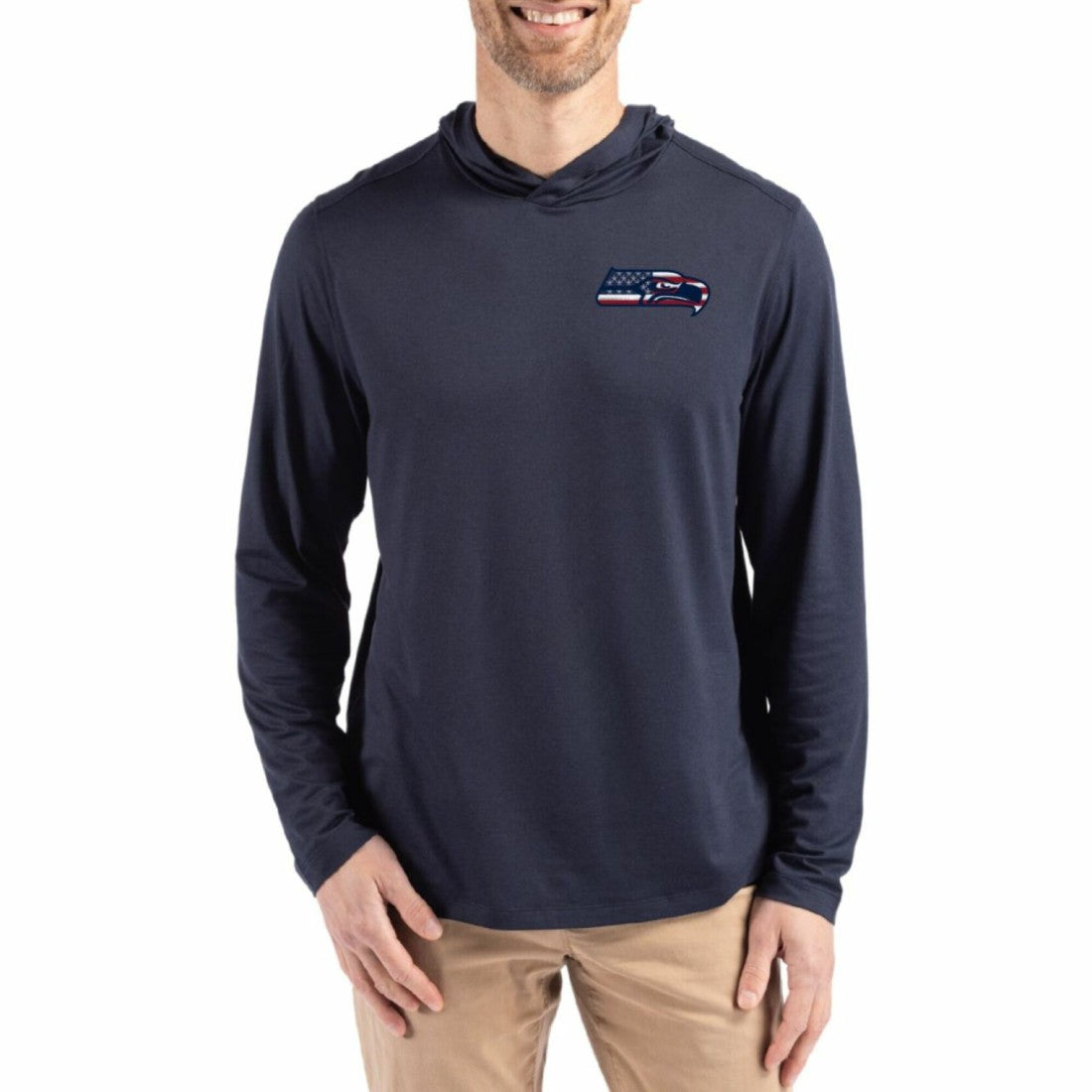 Seattle Seahawks Cutter & Buck Americana Coastline Epic Comfort Eco Recycled Long Sleeve Hoodie T-Shirt - Navy - NFL