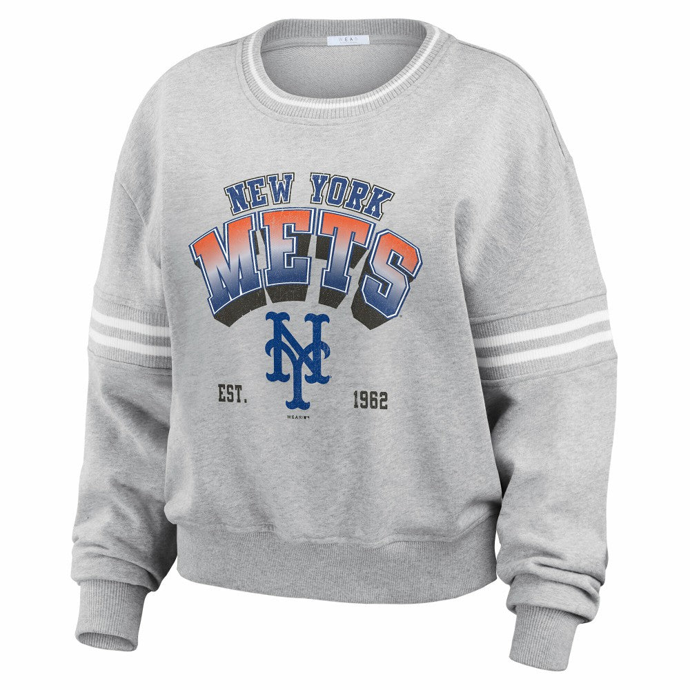 New York Mets WEAR by Erin Andrews Women's Sleeve Stripe Fleece Sweatshirt Online