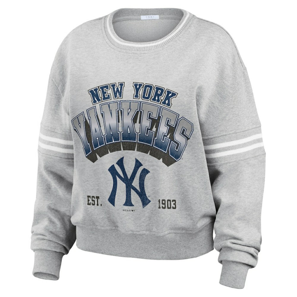New York Yankees WEAR by Erin Andrews Women's Sleeve Stripe Fleece Crewneck Sweatshirt Near Me