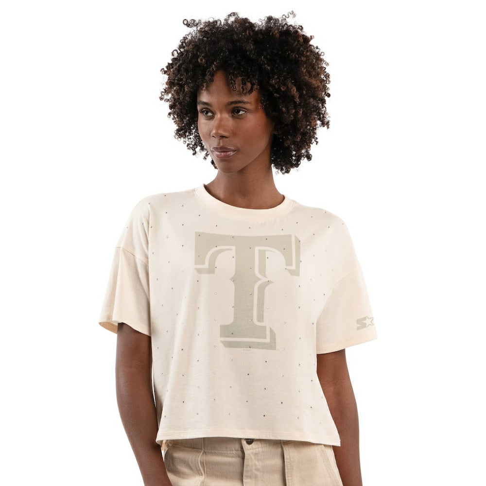 Texas Rangers Starter Women's Rhinestone Sprinkle Boxy Cropped T-Shirt for sale