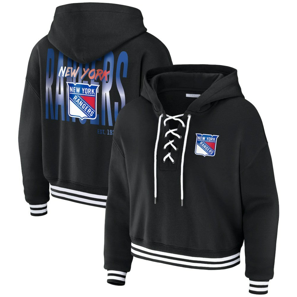 New York Rangers WEAR by Erin Andrews Women's Cropped Lace-Up Hoodie - Black | NHL discount