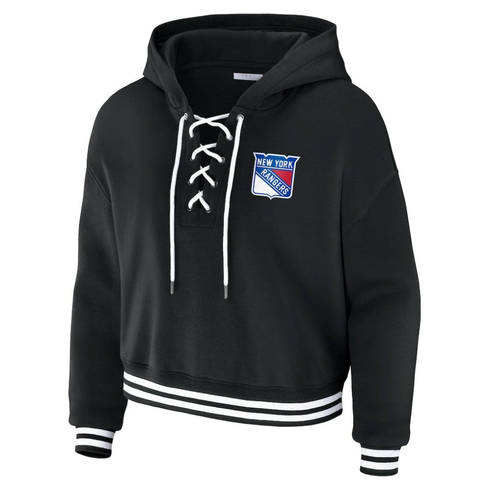 New York Rangers WEAR by Erin Andrews Women's Cropped Lace-Up Hoodie - Black | NHL discount