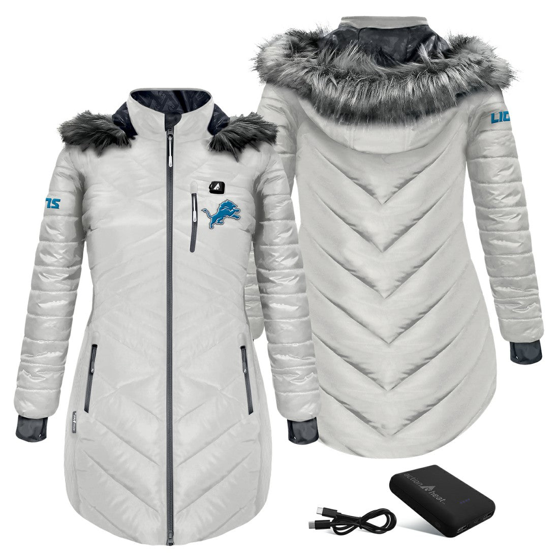 Detroit Lions ActionHeat Women's 5V Battery Heated Long Puffer Full-Zip Hoodie Jacket - White - NFL