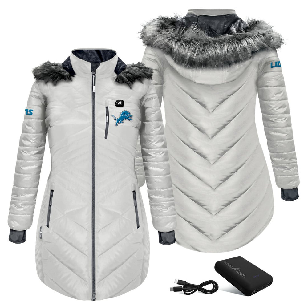 Detroit Lions ActionHeat Women's 5V Battery Heated Long Puffer Full-Zip Hoodie Jacket - White - NFL