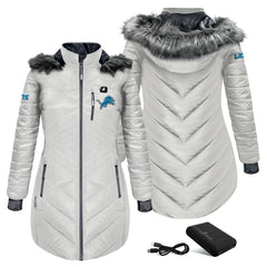 Detroit Lions ActionHeat Women's 5V Battery Heated Long Puffer Full-Zip Hoodie Jacket - White - NFL