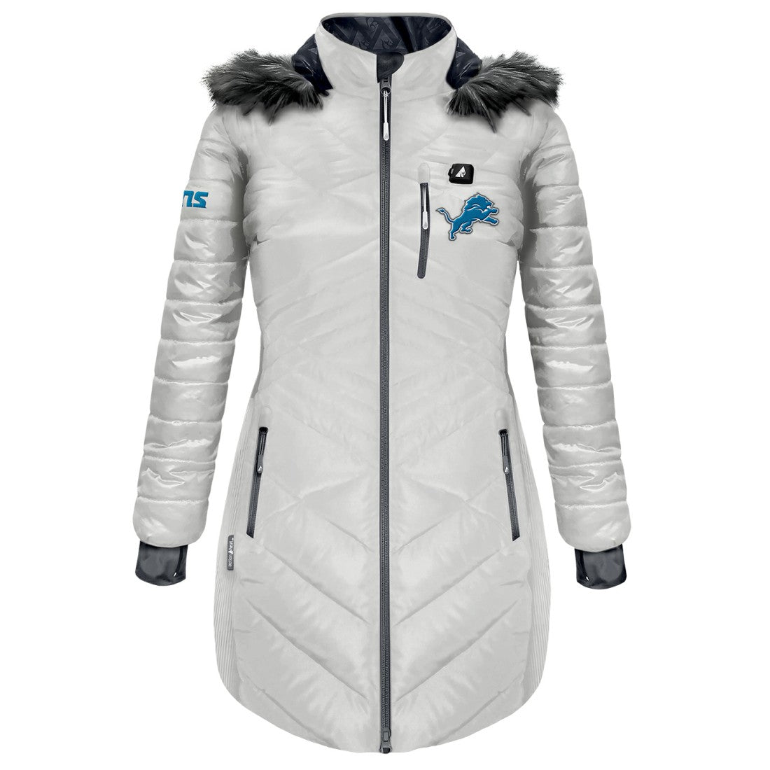 Detroit Lions ActionHeat Women's 5V Battery Heated Long Puffer Full-Zip Hoodie Jacket - White - NFL