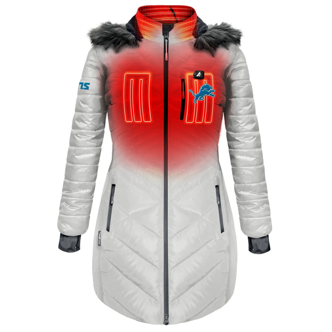 Detroit Lions ActionHeat Women's 5V Battery Heated Long Puffer Full-Zip Hoodie Jacket - White - NFL