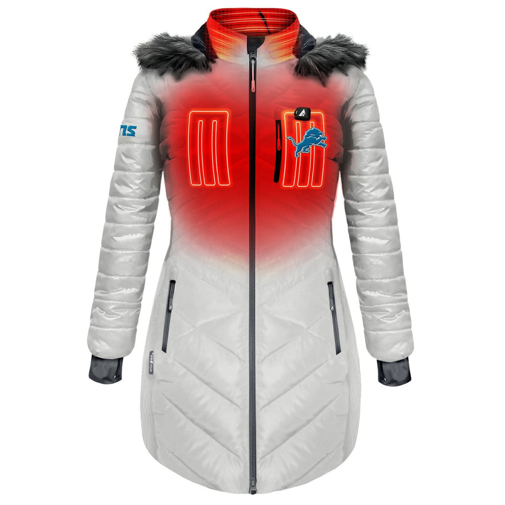 Detroit Lions ActionHeat Women's 5V Battery Heated Long Puffer Full-Zip Hoodie Jacket - White - NFL