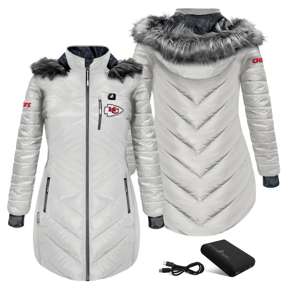 Kansas City Chiefs ActionHeat Women's 5V Battery Heated Long Puffer Full-Zip Hoodie Jacket - White - NFL