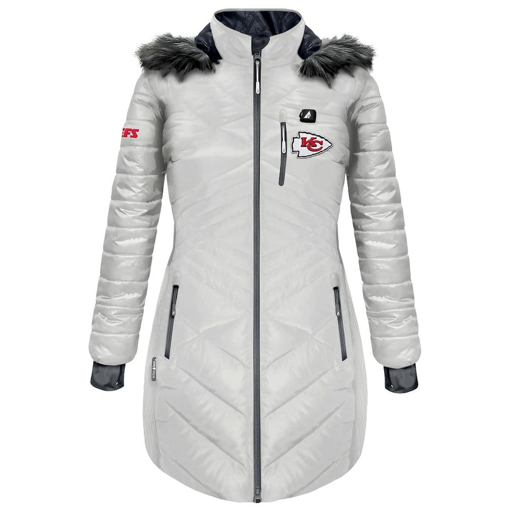 Kansas City Chiefs ActionHeat Women's 5V Battery Heated Long Puffer Full-Zip Hoodie Jacket - White - NFL