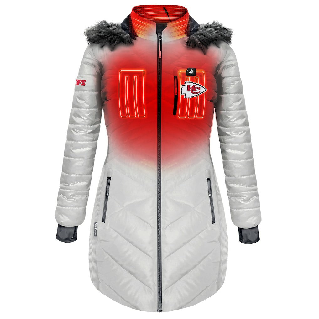 Kansas City Chiefs ActionHeat Women's 5V Battery Heated Long Puffer Full-Zip Hoodie Jacket - White - NFL
