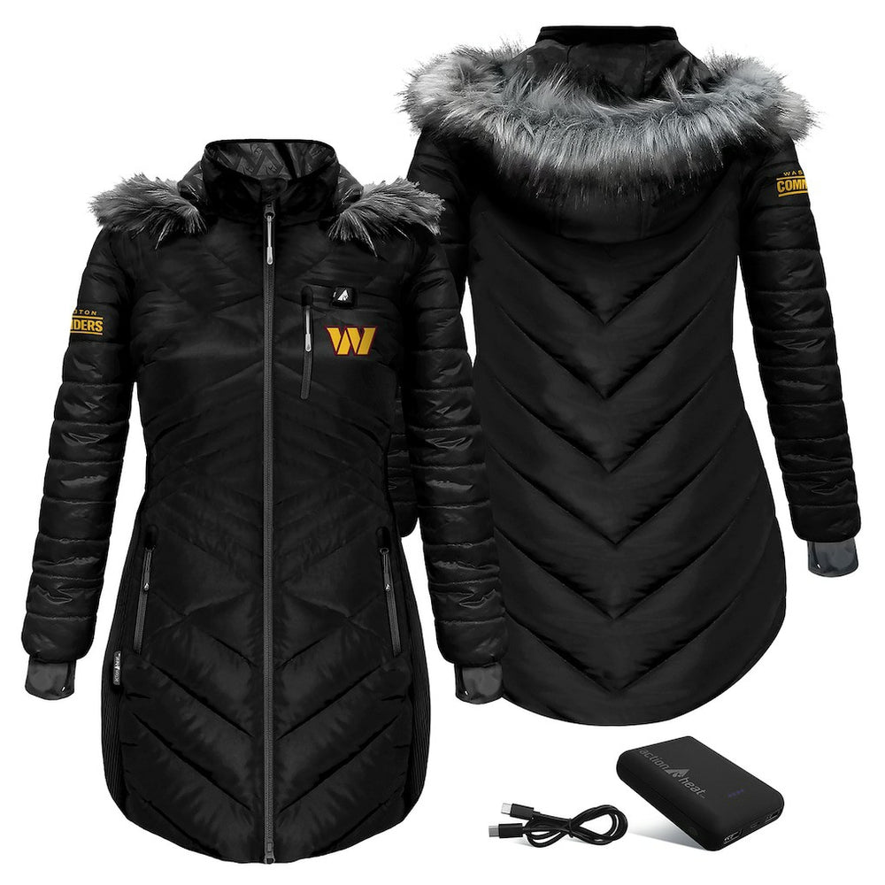 Washington Commanders ActionHeat Women's 5V Battery Heated Long Puffer Full-Zip Hoodie Jacket - Black - NFL