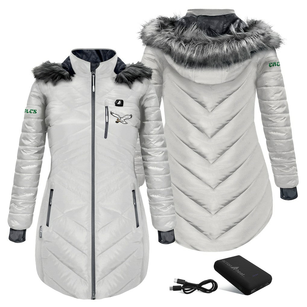 Philadelphia Eagles ActionHeat Women's 5V Battery Heated Long Puffer Full-Zip Hoodie Jacket - White - NFL