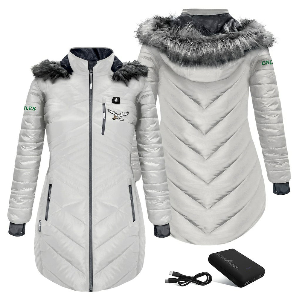 Philadelphia Eagles ActionHeat Women's 5V Battery Heated Long Puffer Full-Zip Hoodie Jacket - White - NFL
