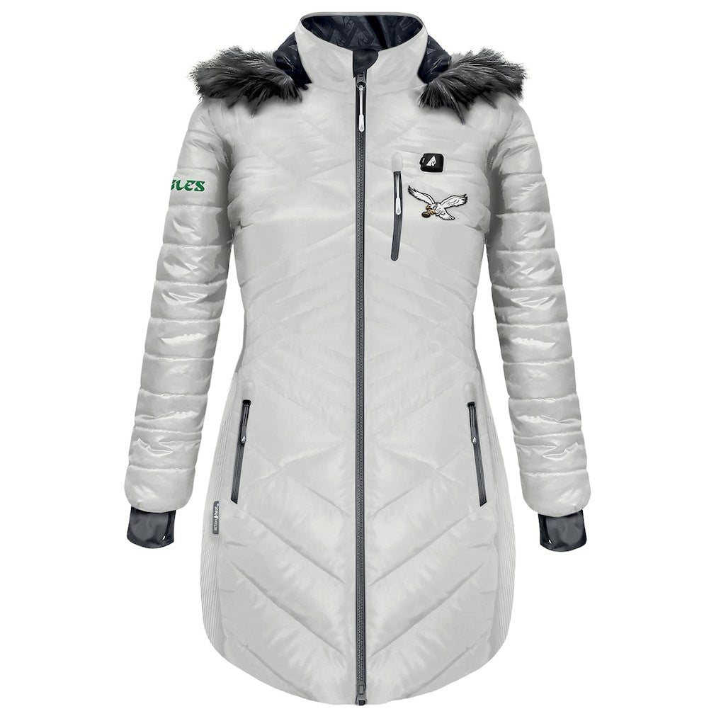 Philadelphia Eagles ActionHeat Women's 5V Battery Heated Long Puffer Full-Zip Hoodie Jacket - White - NFL
