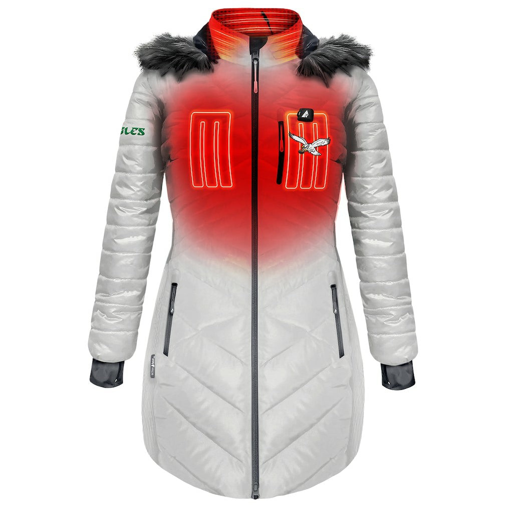 Philadelphia Eagles ActionHeat Women's 5V Battery Heated Long Puffer Full-Zip Hoodie Jacket - White - NFL