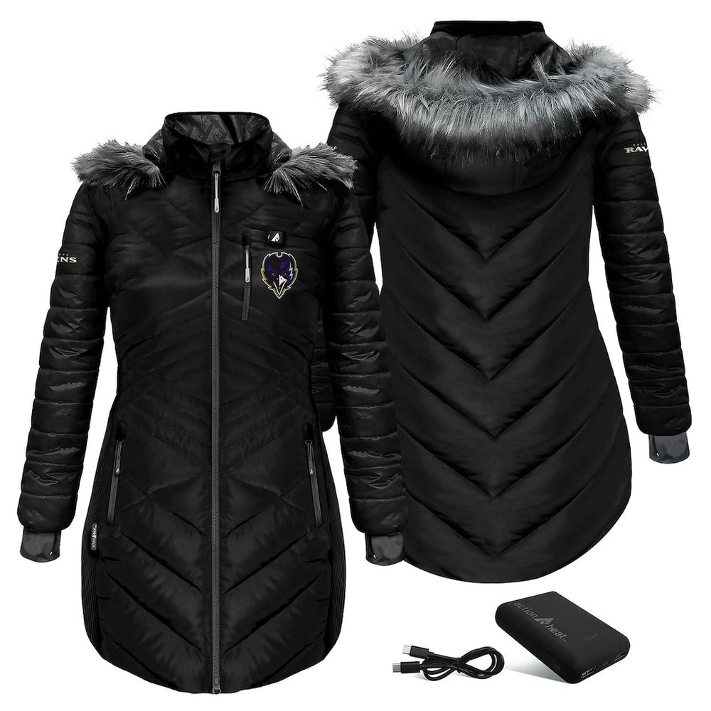 Baltimore Ravens ActionHeat Women's 5V Battery Heated Long Puffer Full-Zip Hoodie Jacket - Black - NFL