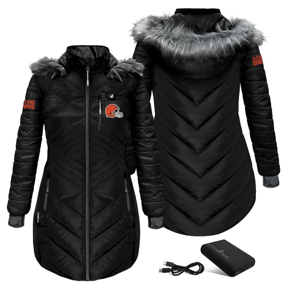 Cleveland Browns ActionHeat Women's 5V Battery Heated Long Puffer Full-Zip Hoodie Jacket - Black - NFL