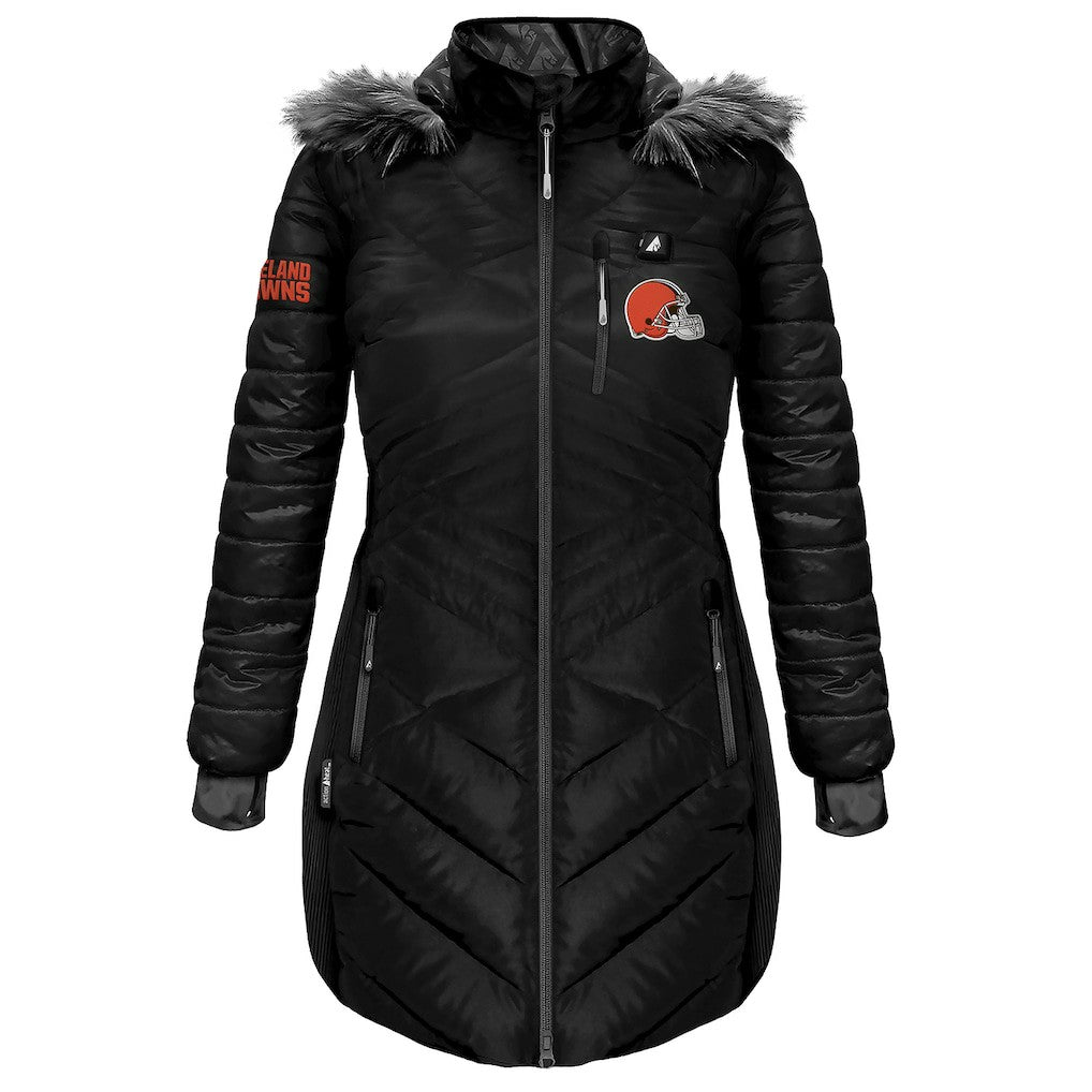 Cleveland Browns ActionHeat Women's 5V Battery Heated Long Puffer Full-Zip Hoodie Jacket - Black - NFL