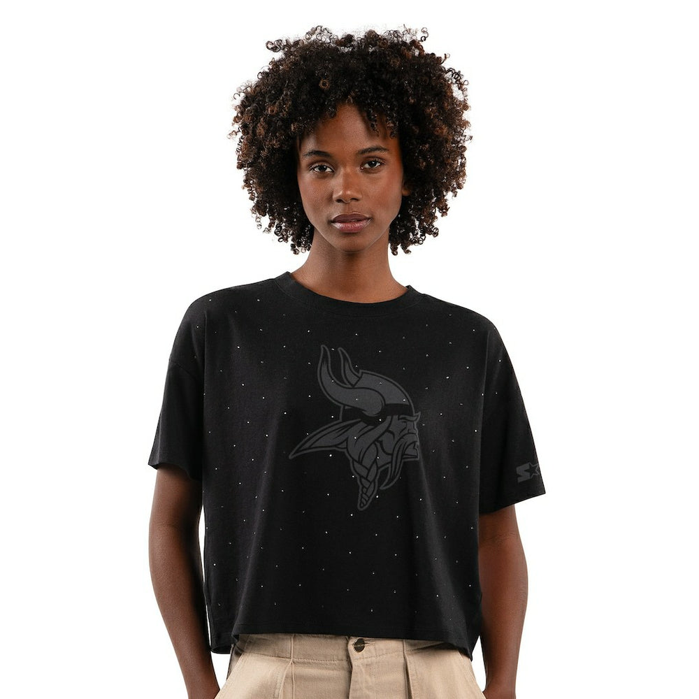 Minnesota Vikings Starter Women's Rhinestone Sprinkle Boxy Cropped T-Shirt - Black - NFL