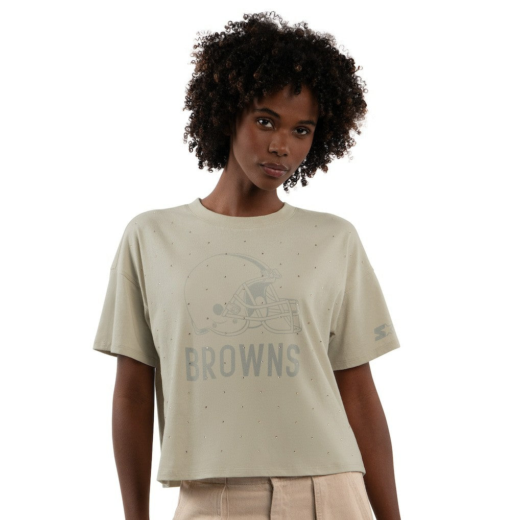 Cleveland Browns Starter Women's Rhinestone Sprinkle Boxy Cropped T-Shirt - Khaki - NFL