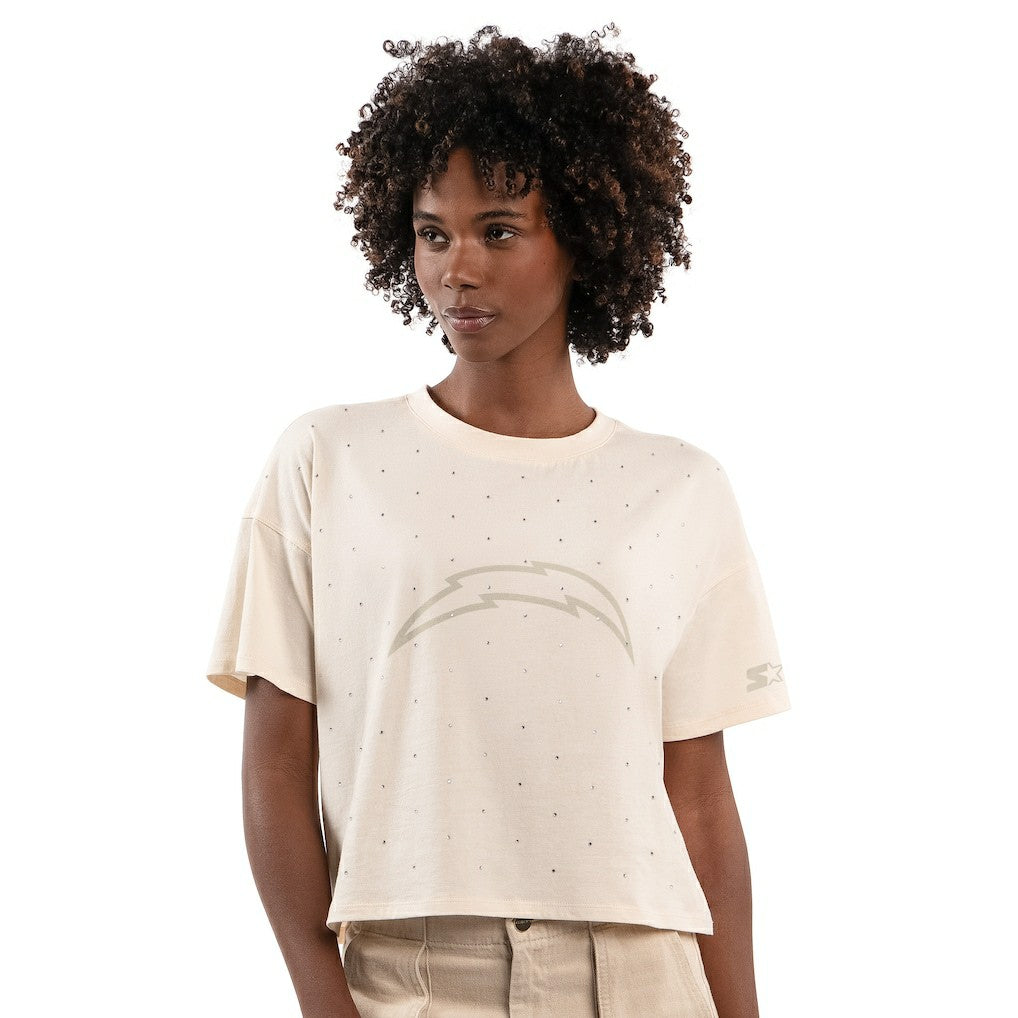 Los Angeles Chargers Starter Women's Rhinestone Sprinkle Boxy Cropped T-Shirt - Cream - NFL