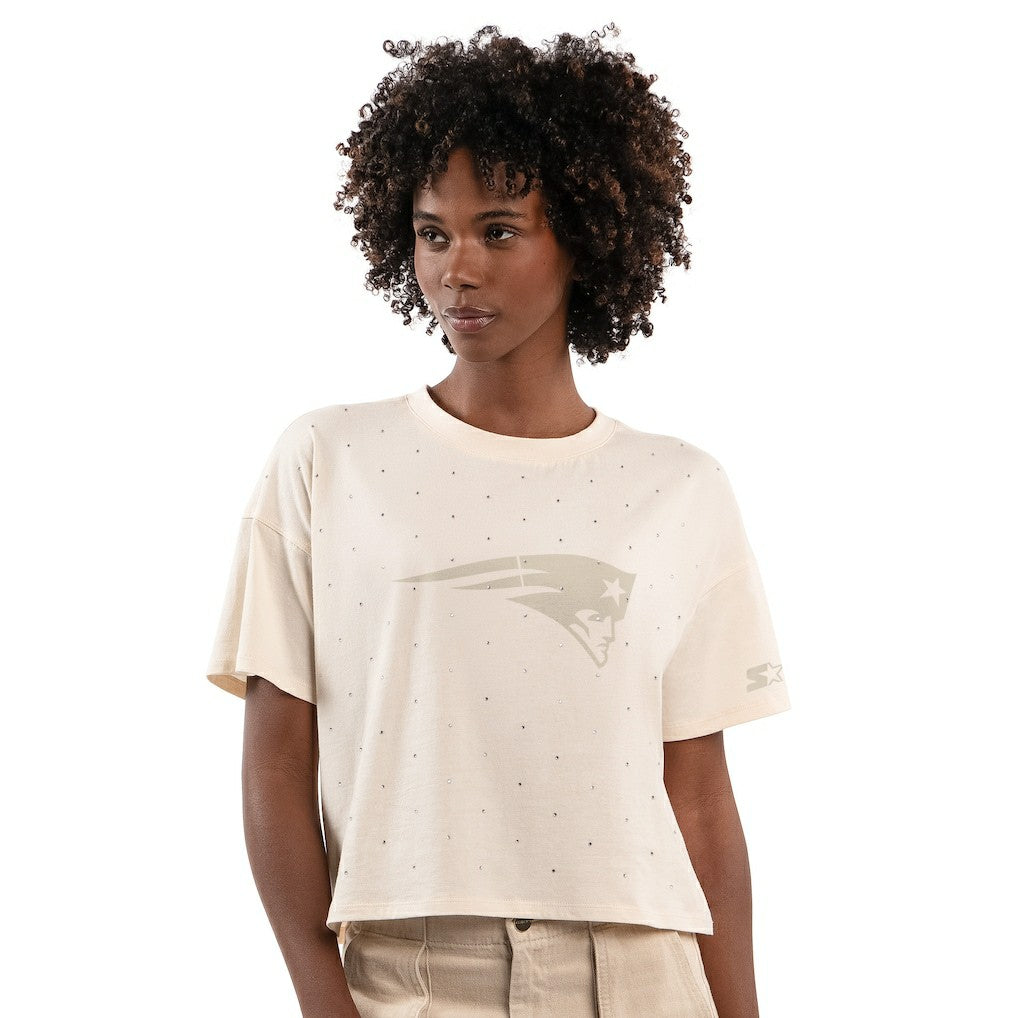 New England Patriots Starter Women's Rhinestone Sprinkle Boxy Cropped T-Shirt - Cream - NFL