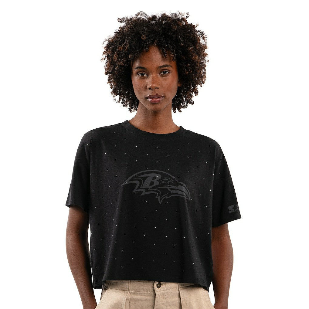 Baltimore Ravens Starter Women's Rhinestone Sprinkle Boxy Cropped T-Shirt - Black - NFL