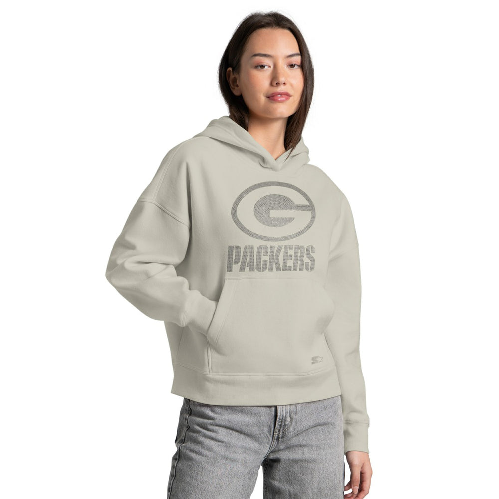 Green Bay Packers Starter Women's Rhinestone Relaxed Hoodie - Khaki - NFL