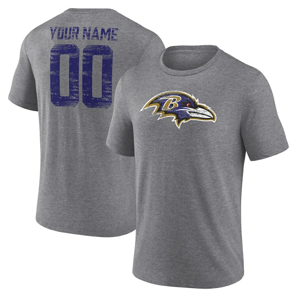 Baltimore Ravens Heritage Custom Name & Number Tri-Blend T-Shirt - Gray - NFL