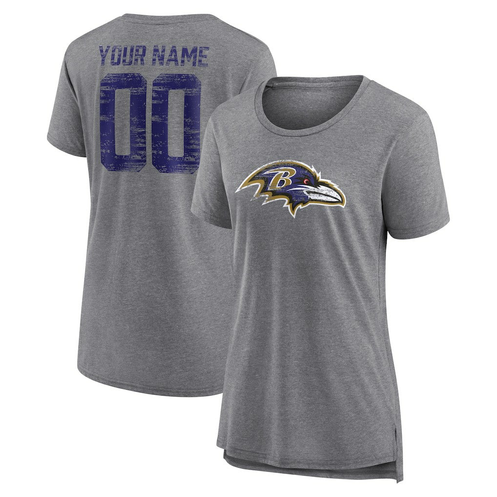 Baltimore Ravens Women's Heritage Custom Name & Number Tri-Blend T-Shirt - Gray - NFL