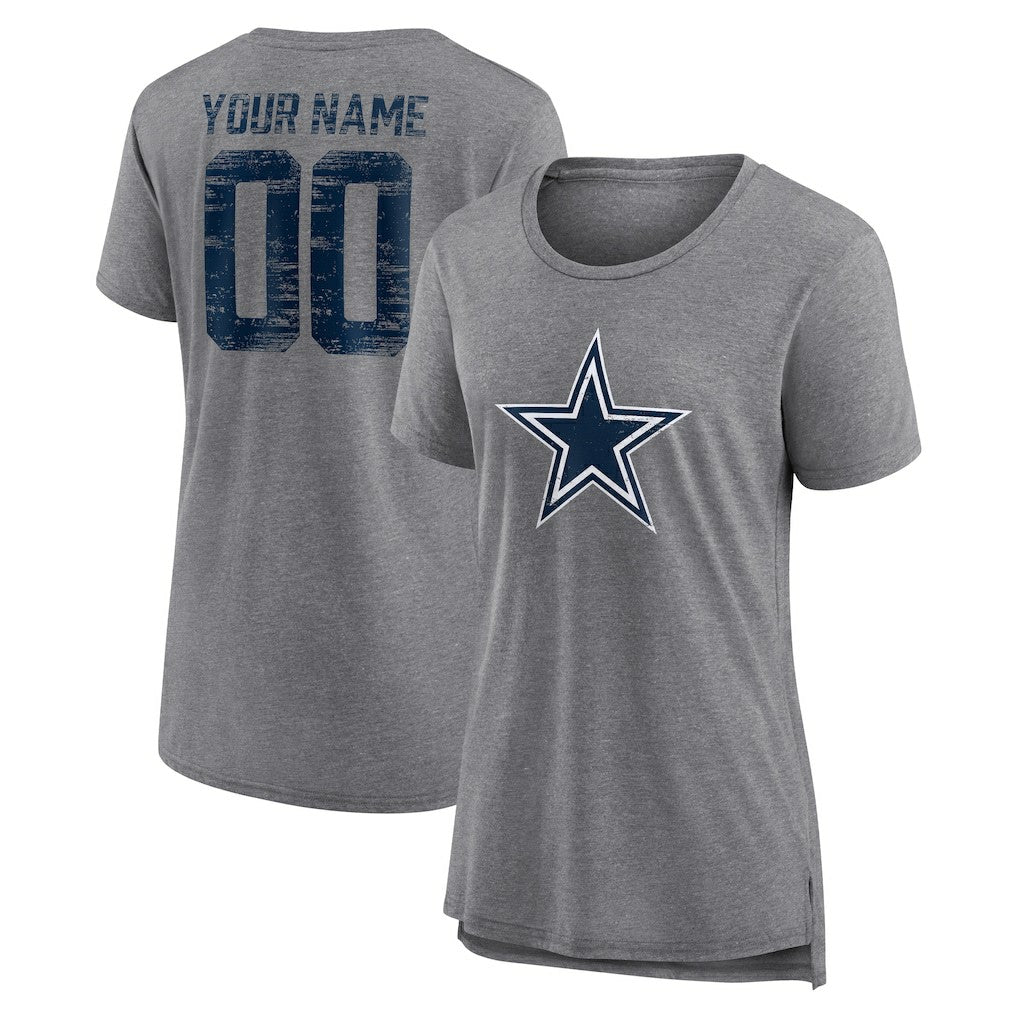 Dallas Cowboys Women's Heritage Custom Name & Number Tri-Blend T-Shirt - Gray - NFL