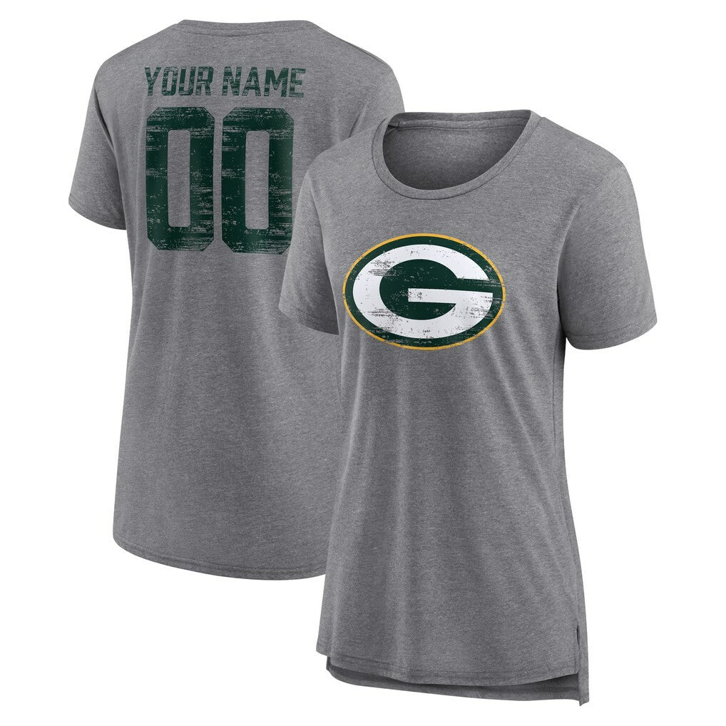 Green Bay Packers Women's Heritage Custom Name & Number Tri-Blend T-Shirt - Gray - NFL