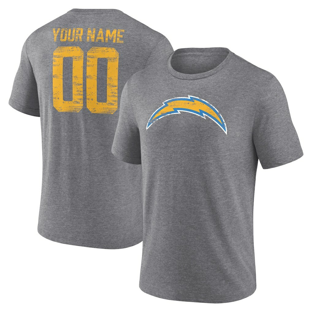 Los Angeles Chargers Heritage Custom Name & Number Tri-Blend T-Shirt - Gray - NFL