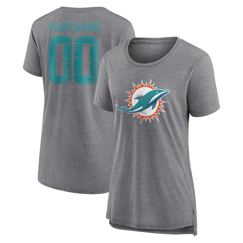 Miami Dolphins Women's Heritage Custom Name & Number Tri-Blend T-Shirt - Gray - NFL