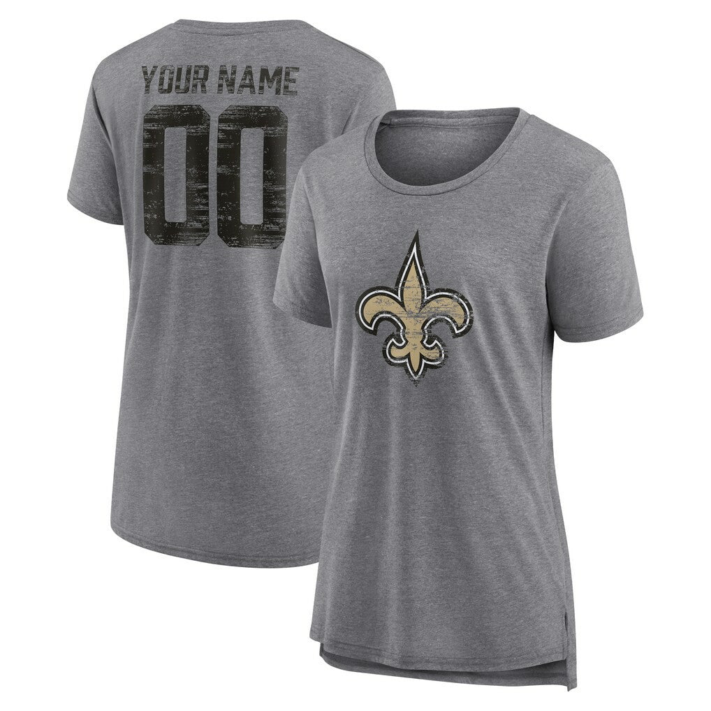 New Orleans Saints Women's Heritage Custom Name & Number Tri-Blend T-Shirt - Gray - NFL