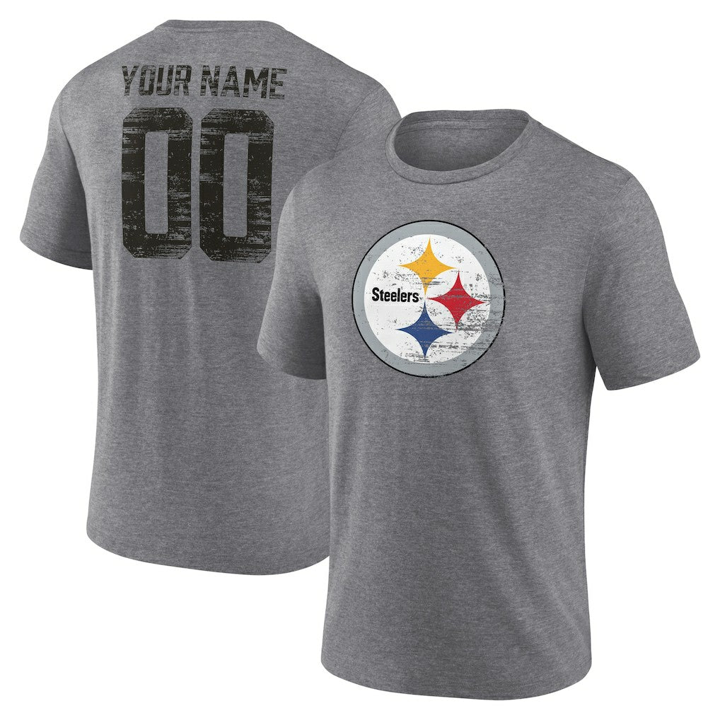 Pittsburgh Steelers Heritage Custom Name & Number Tri-Blend T-Shirt - Gray - NFL