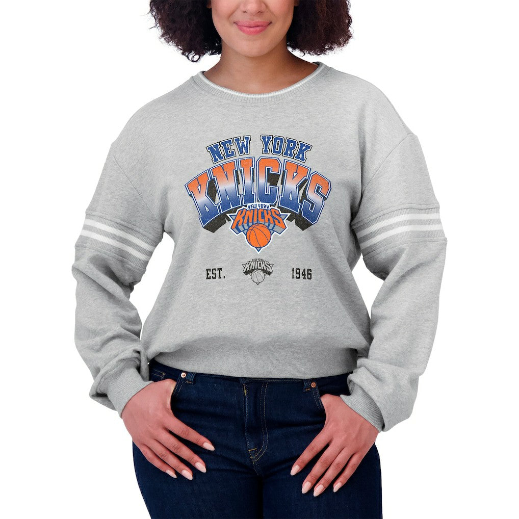 New York Knicks WEAR by Erin Andrews Women's Sleeve Stripe Fleece Crewneck Sweatshirt Gray