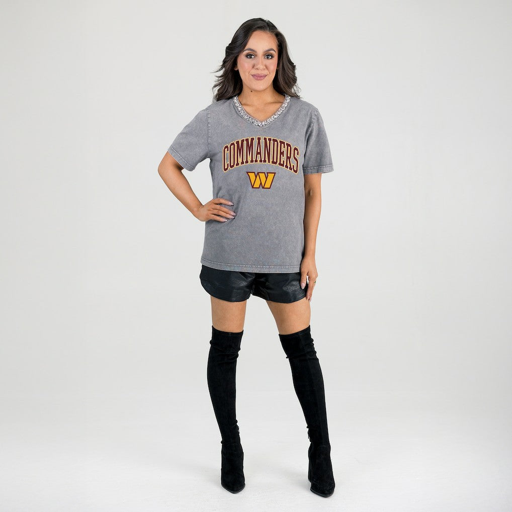 Washington Commanders Gameday Couture Women's Relaxed Iconic Edge Rhinestone V-Neck T-Shirt - Gray - NFL