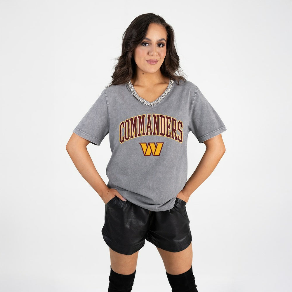 Washington Commanders Gameday Couture Women's Relaxed Iconic Edge Rhinestone V-Neck T-Shirt - Gray - NFL