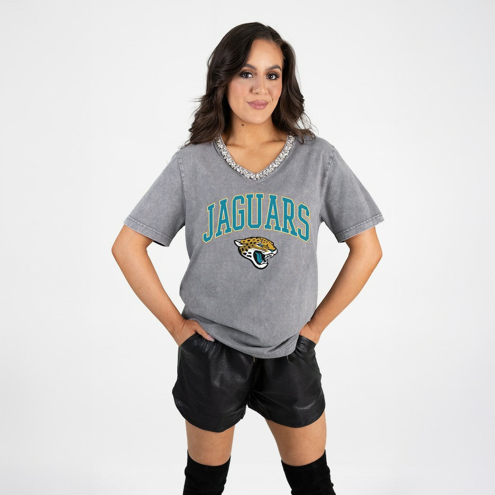 Jacksonville Jaguars Gameday Couture Women's Relaxed Iconic Edge Rhinestone V-Neck T-Shirt - Gray - NFL