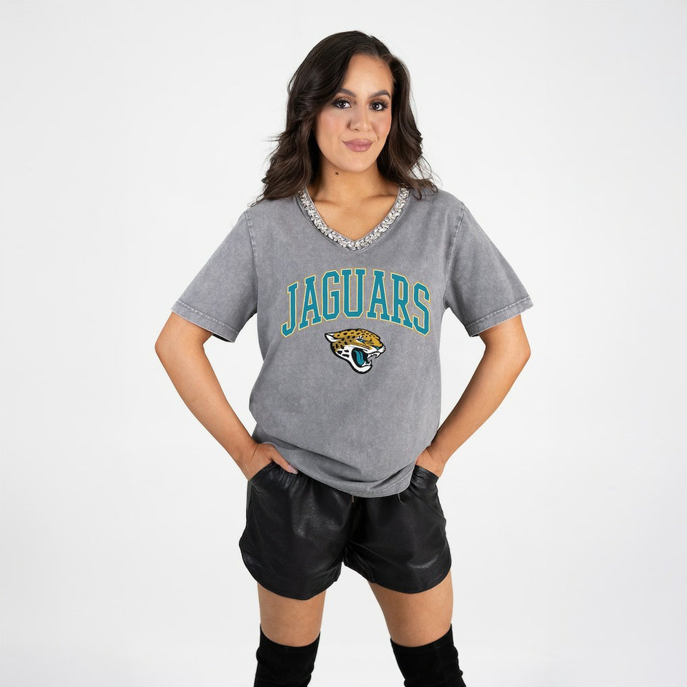 Jacksonville Jaguars Gameday Couture Women's Relaxed Iconic Edge Rhinestone V-Neck T-Shirt - Gray - NFL
