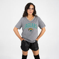 Jacksonville Jaguars Gameday Couture Women's Relaxed Iconic Edge Rhinestone V-Neck T-Shirt - Gray - NFL