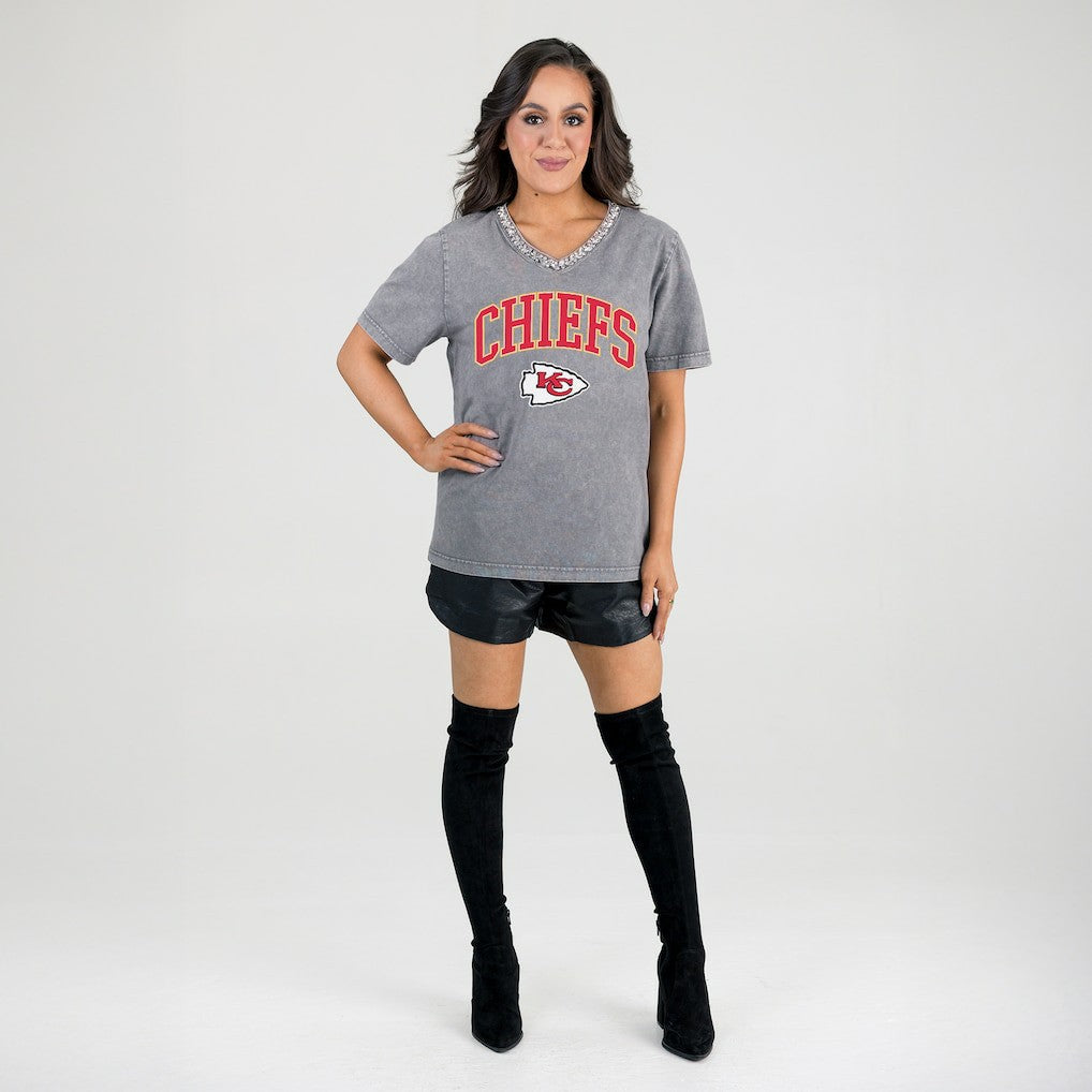 Kansas City Chiefs Gameday Couture Women's Relaxed Iconic Edge Rhinestone V-Neck T-Shirt - Gray - NFL