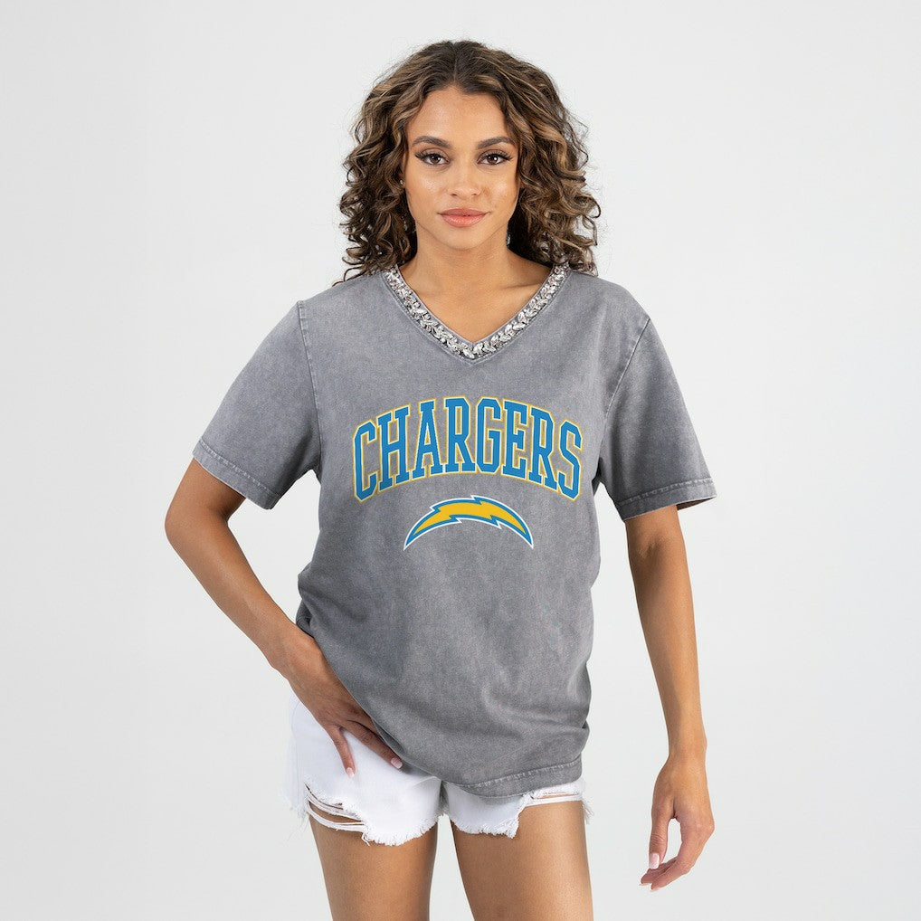 Los Angeles Chargers Gameday Couture Women's Relaxed Iconic Edge Rhinestone V-Neck T-Shirt - Gray - NFL
