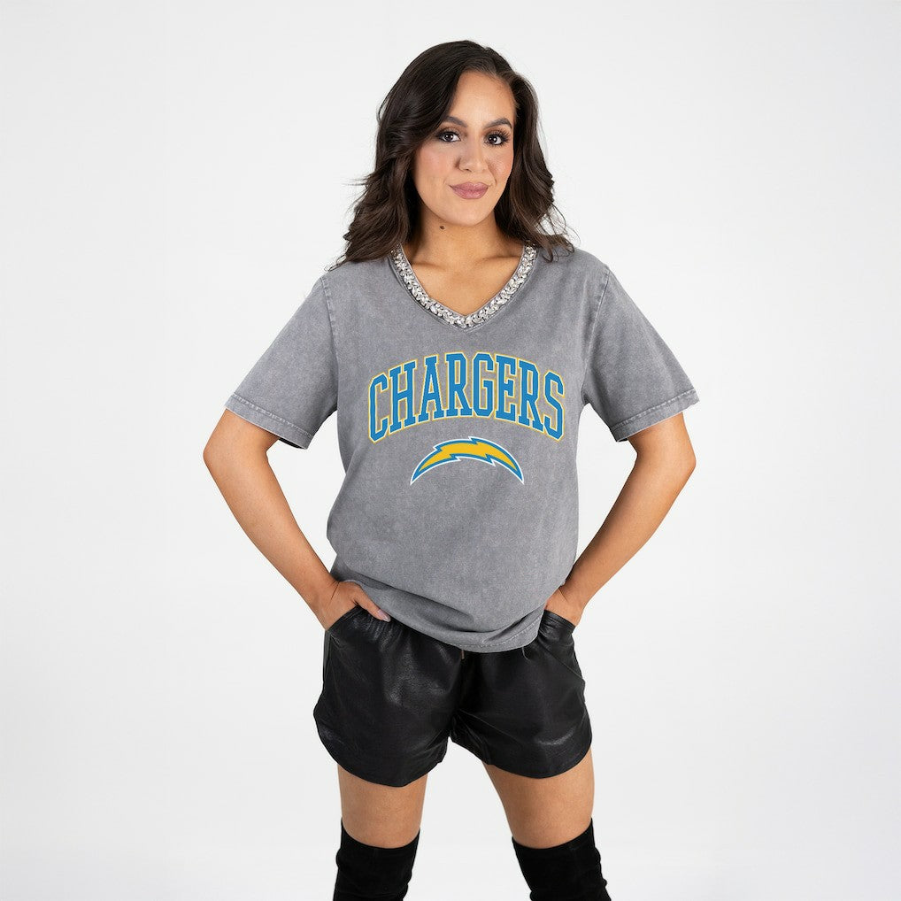 Los Angeles Chargers Gameday Couture Women's Relaxed Iconic Edge Rhinestone V-Neck T-Shirt - Gray - NFL