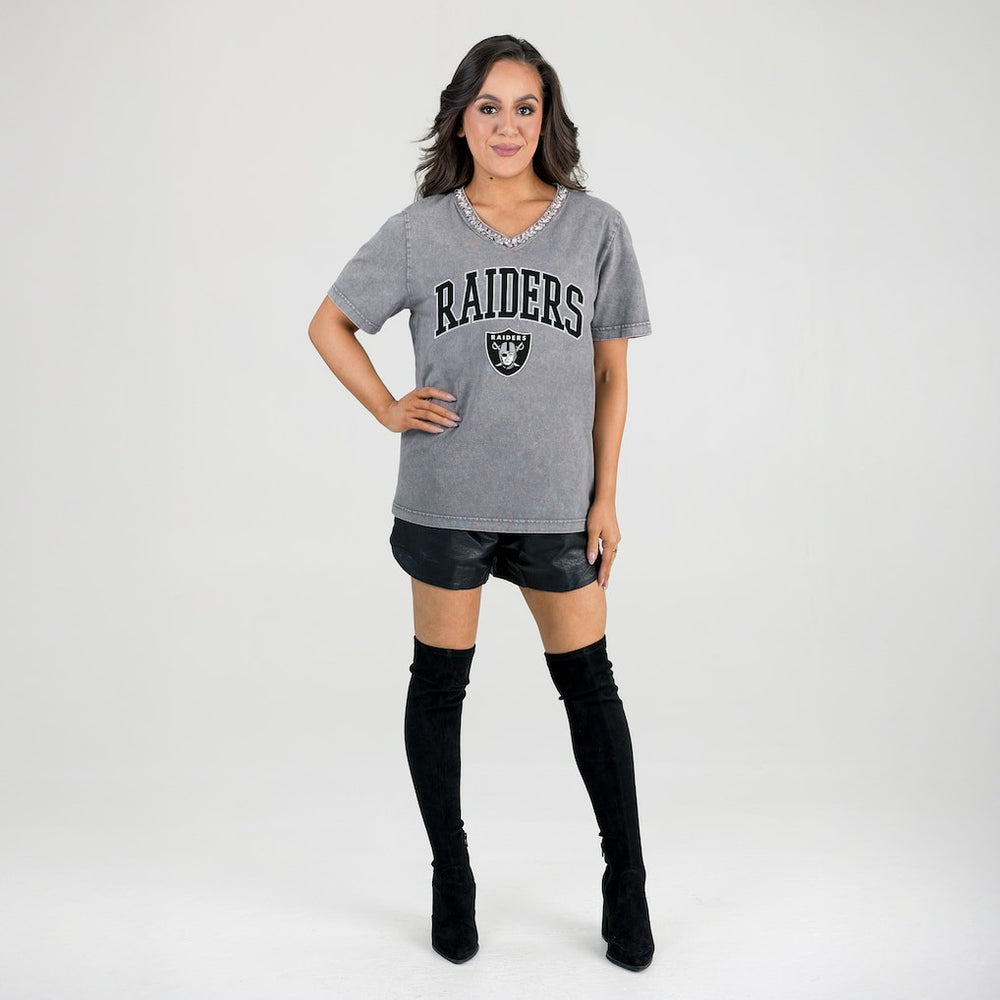 Las Vegas Raiders Gameday Couture Women's Relaxed Iconic Edge Rhinestone V-Neck T-Shirt - Gray - NFL