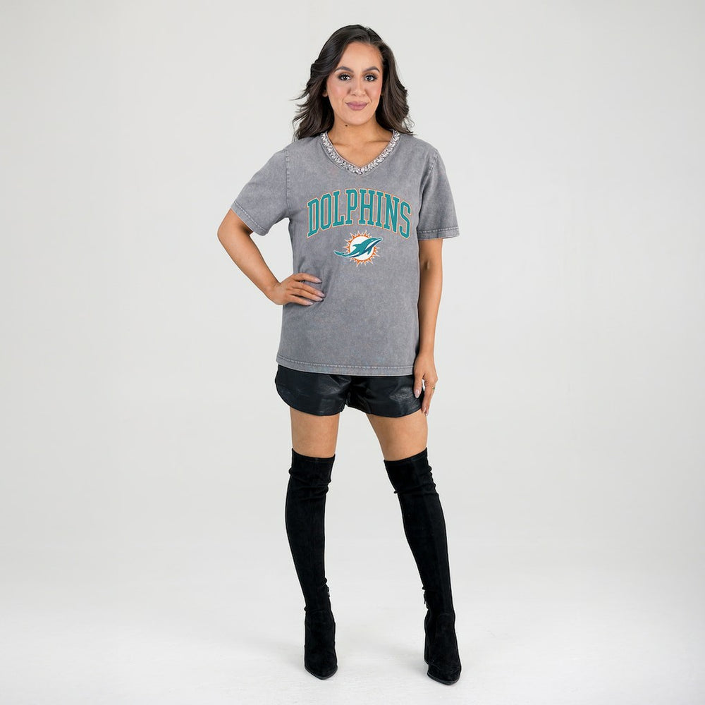 Miami Dolphins Gameday Couture Women's Relaxed Iconic Edge Rhinestone V-Neck T-Shirt - Gray - NFL