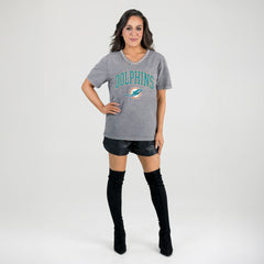 Miami Dolphins Gameday Couture Women's Relaxed Iconic Edge Rhinestone V-Neck T-Shirt - Gray - NFL
